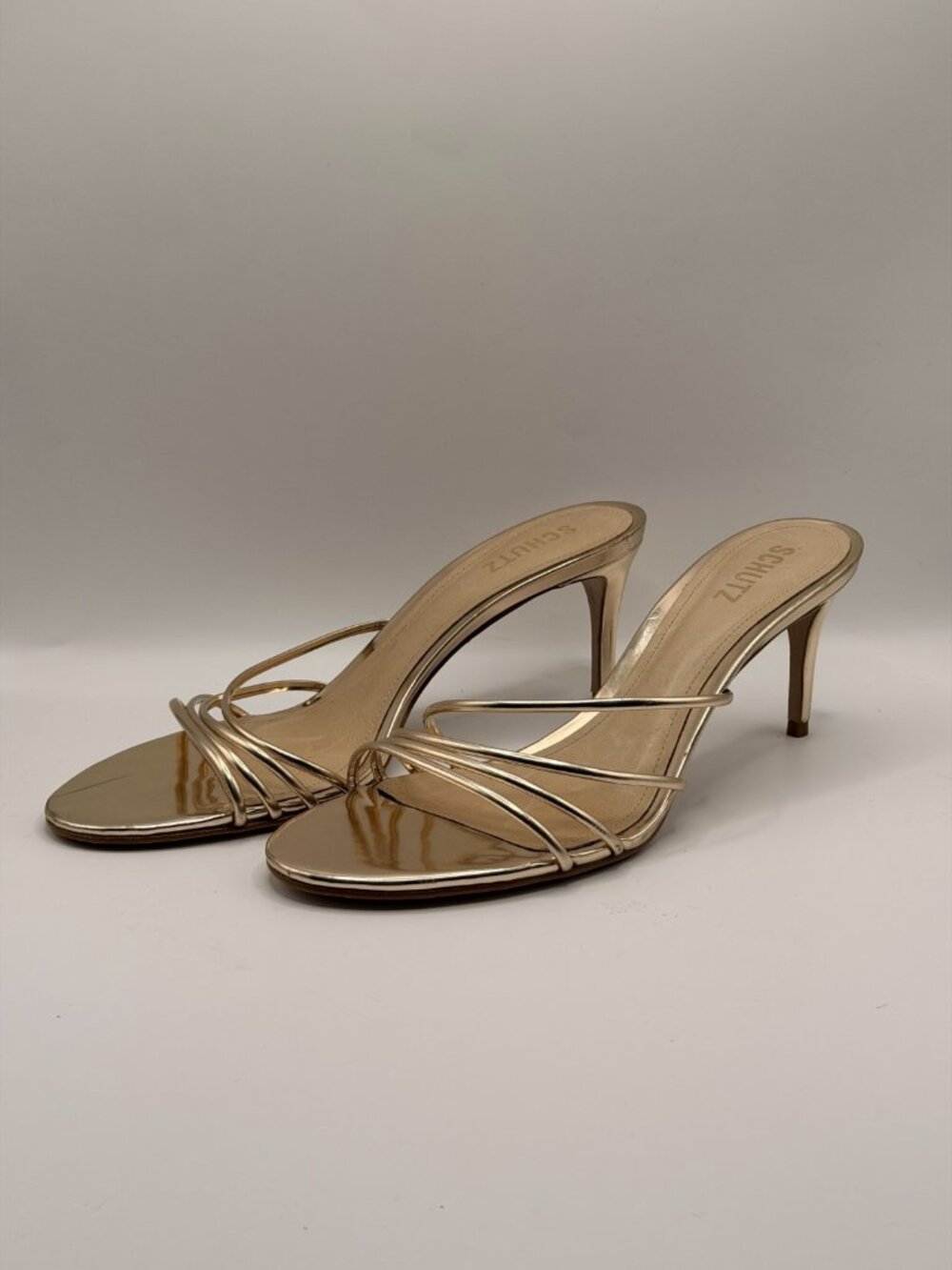 Schutz Womens Inez Gold Leather Strap Mule Sandal Heel Sz 10 B